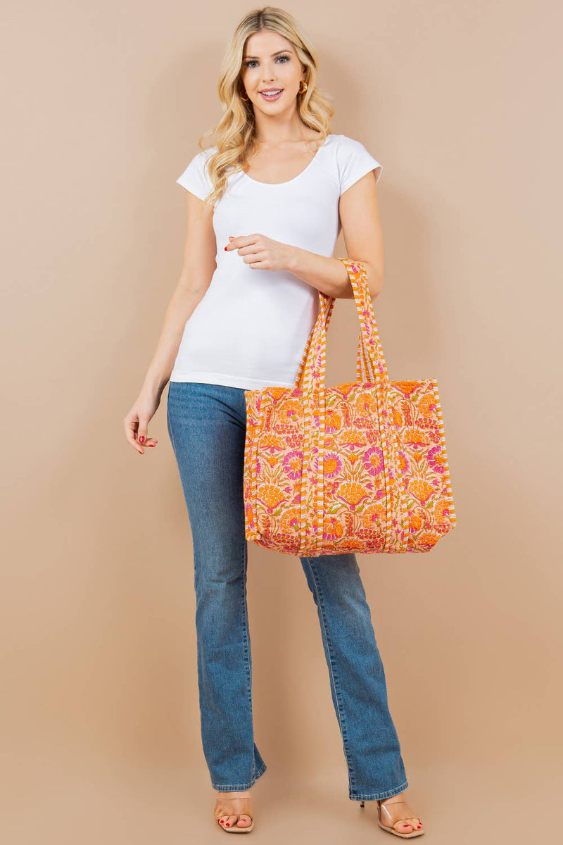 Quilted Tote Bag - Orange and Pink