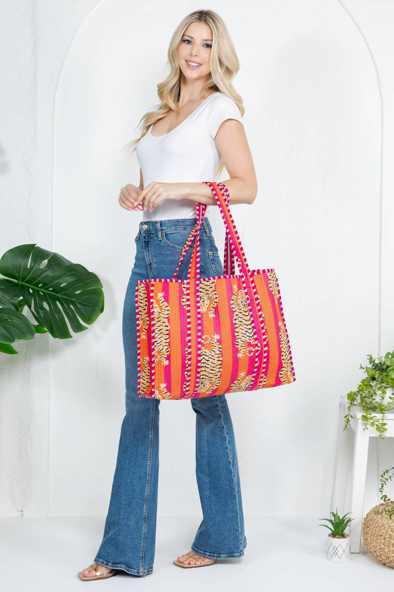 Tiger Handmade Quilted Reversible Tote Bag - Pink and Orange