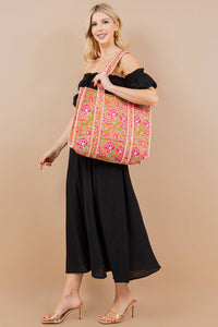 Quilted Tote Bag Pink and Orange Floral