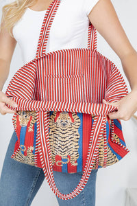 Tiger Reversible Quilted Cotton Tote Bag Red and Blue
