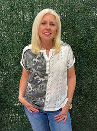 Camo Animal Lace Contrast Button Front Short Sleeve Top
