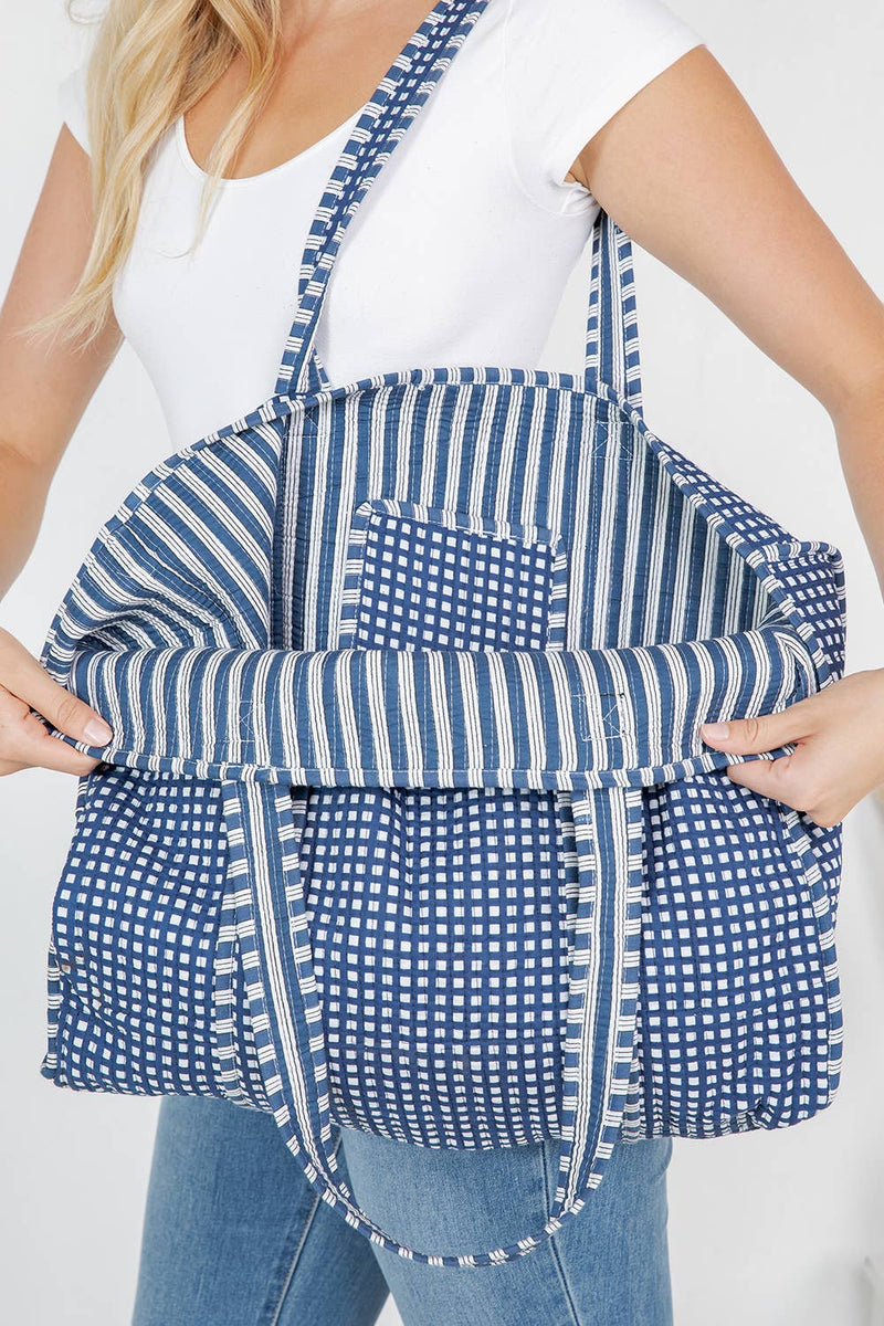 Quilted Reversible Tote - Blue and White Checkered