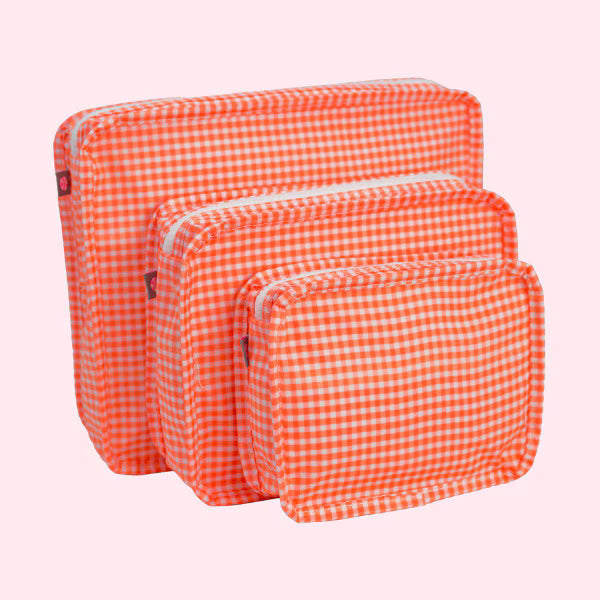 Oh Mint!  Wipeable Electric Orange Gingham Pouch - Large