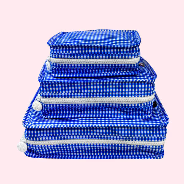 Oh Mint!  Wipeable Electric Blue Gingham Pouch - Large