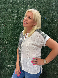 Camo Animal Lace Contrast Button Front Short Sleeve Top