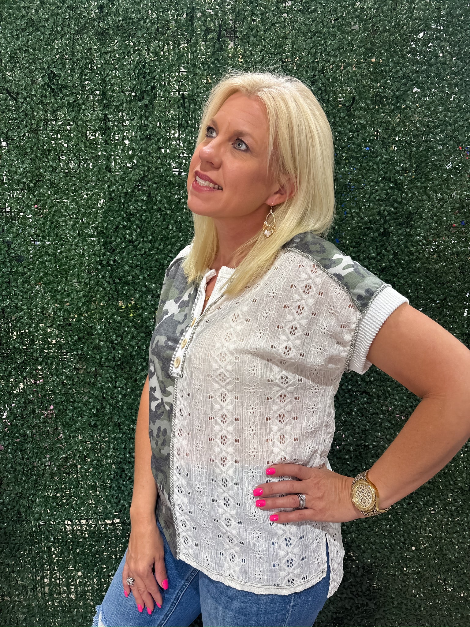 Camo Animal Lace Contrast Button Front Short Sleeve Top