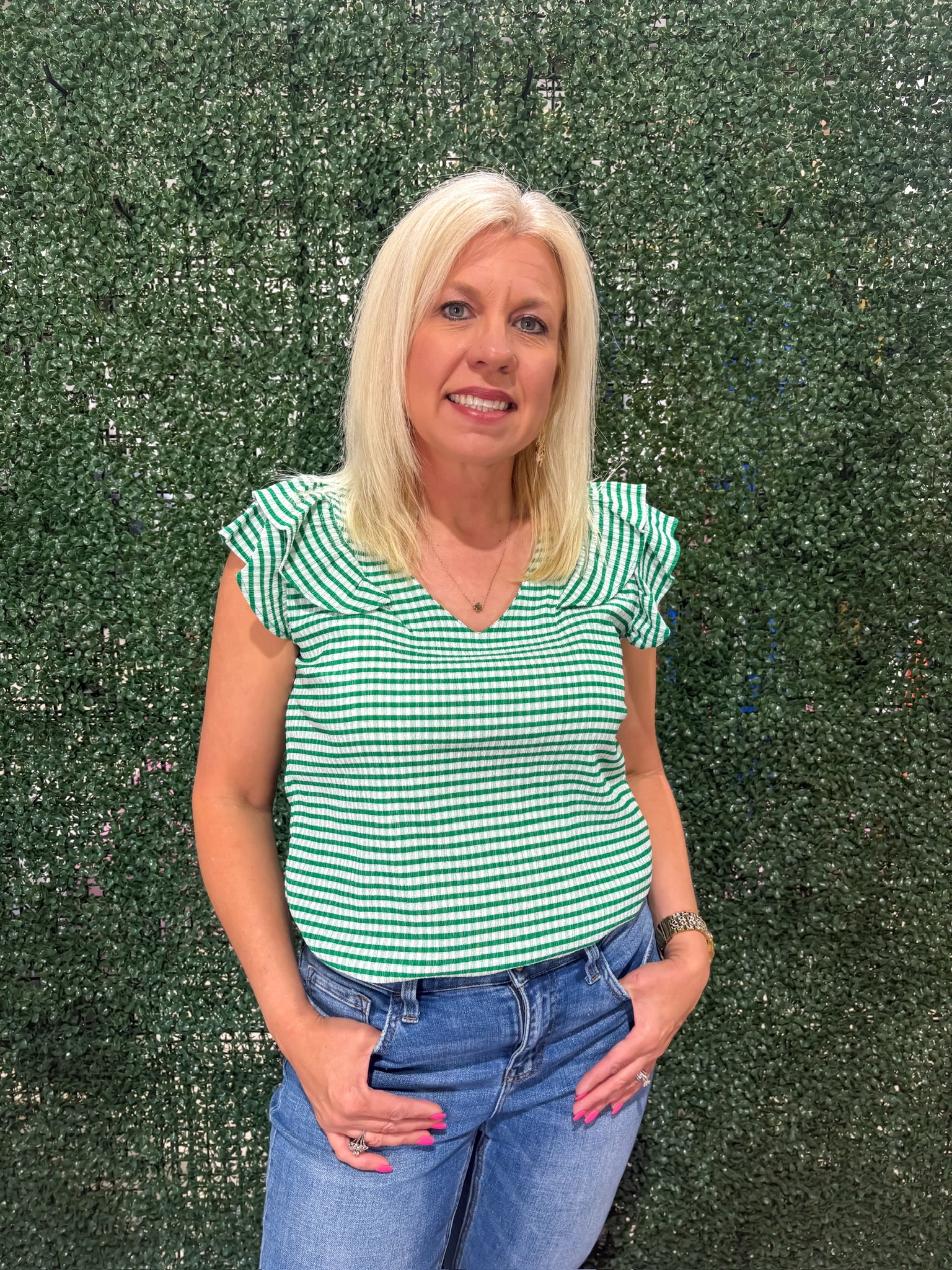 Green Gingham Print V-Neck Women's Blouse with Ruffle Detail