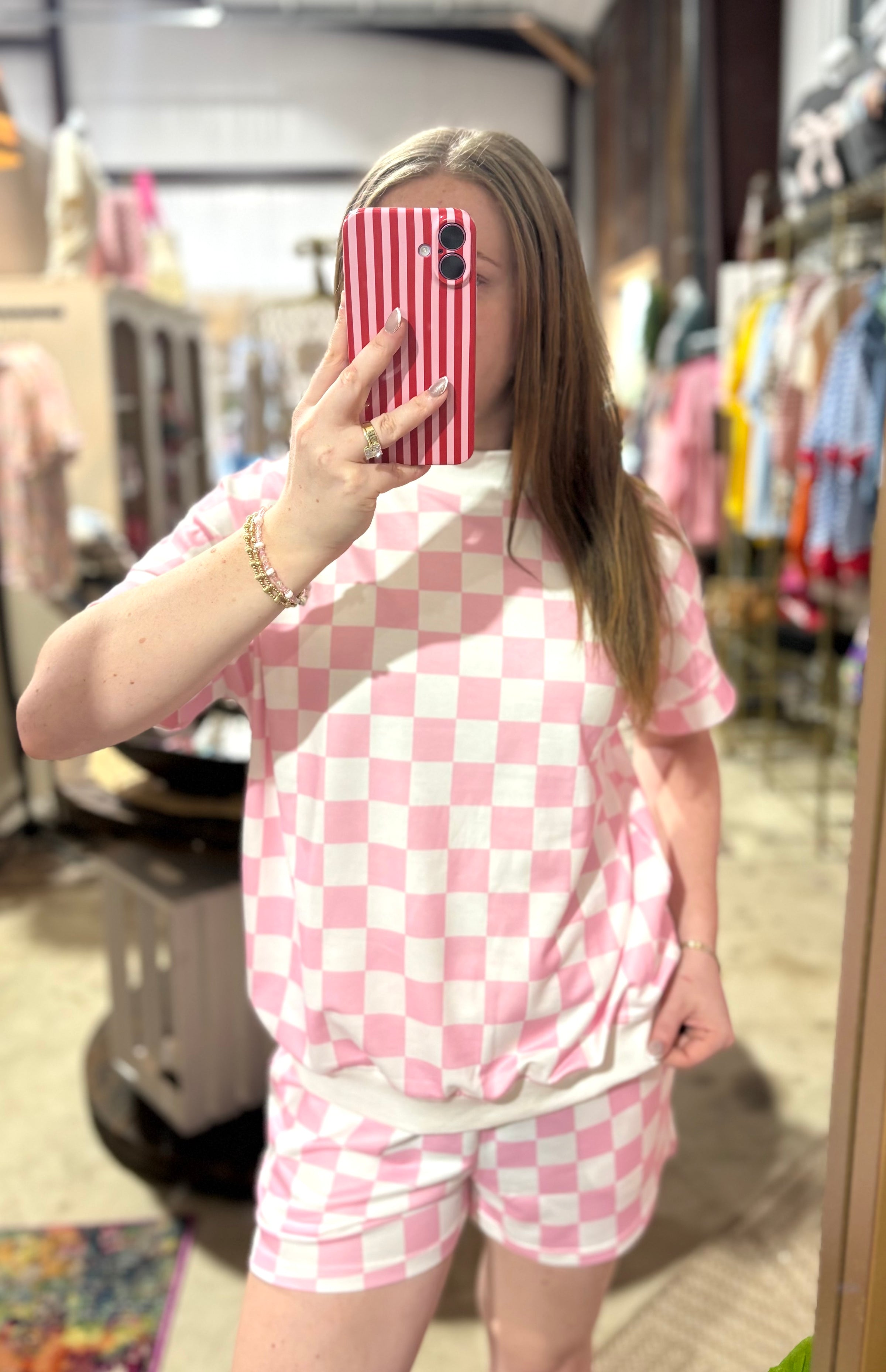 Rosy Check Mock Neck Short Set