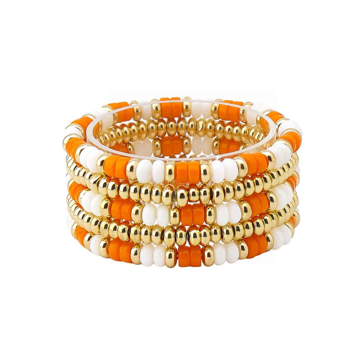 Gameday Orange and White Beaded with Gold Set of 4 Stretch Bracelets