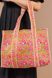 Quilted Tote Bag Pink and Orange Floral