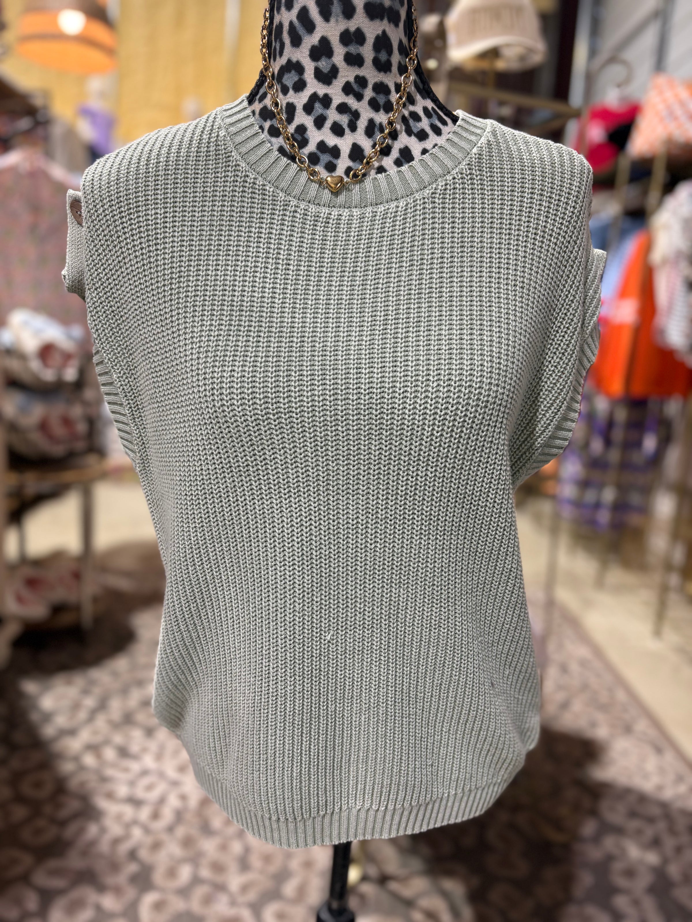 Sage Knit Lightweight Button Sleeve Top