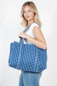 Checkered Quilted Tote Bag - Blue