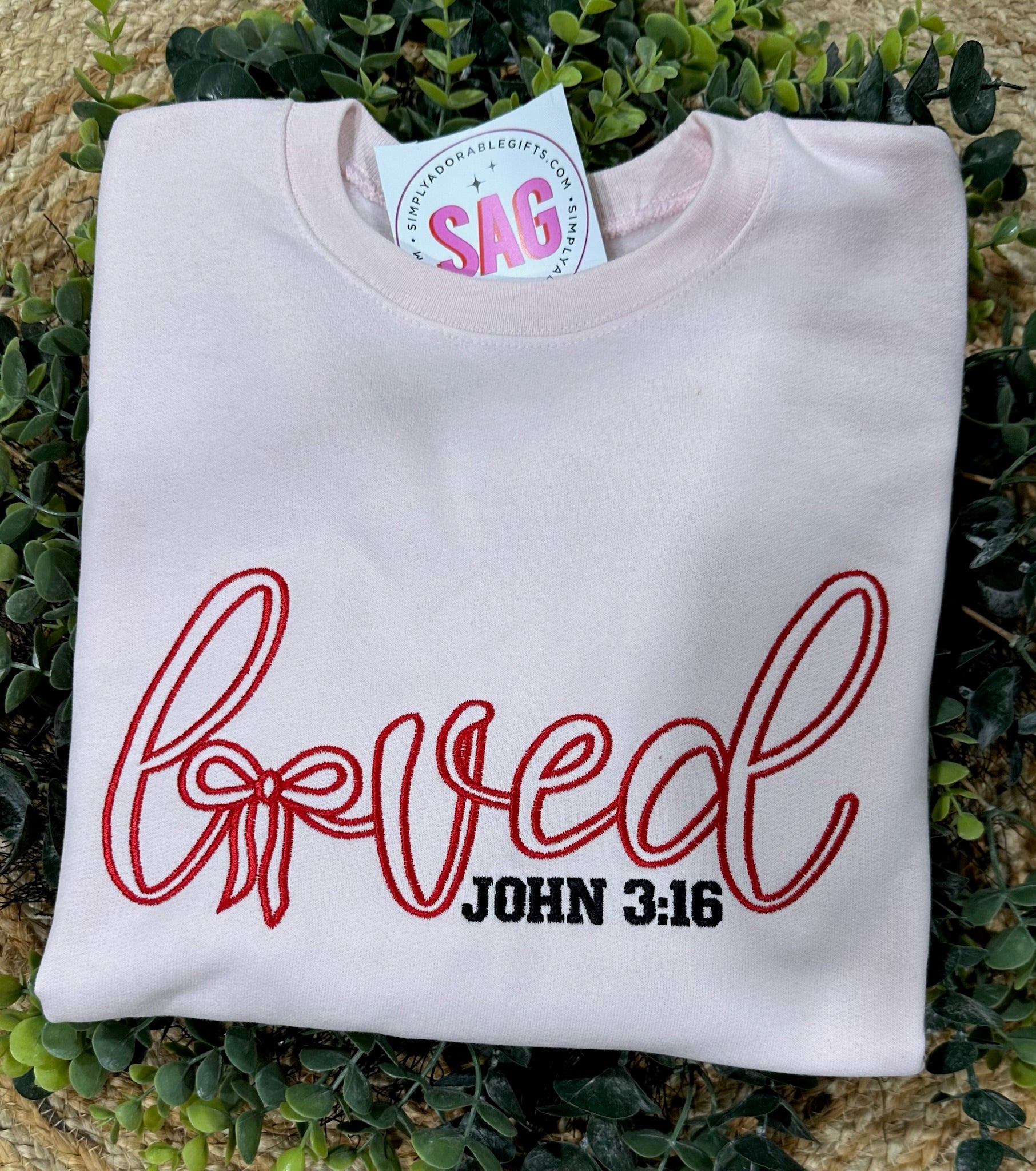 Loved John 3:16 Embroidered Light Pink Sweatshirt