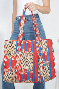 Tiger Reversible Quilted Cotton Tote Bag Red and Blue