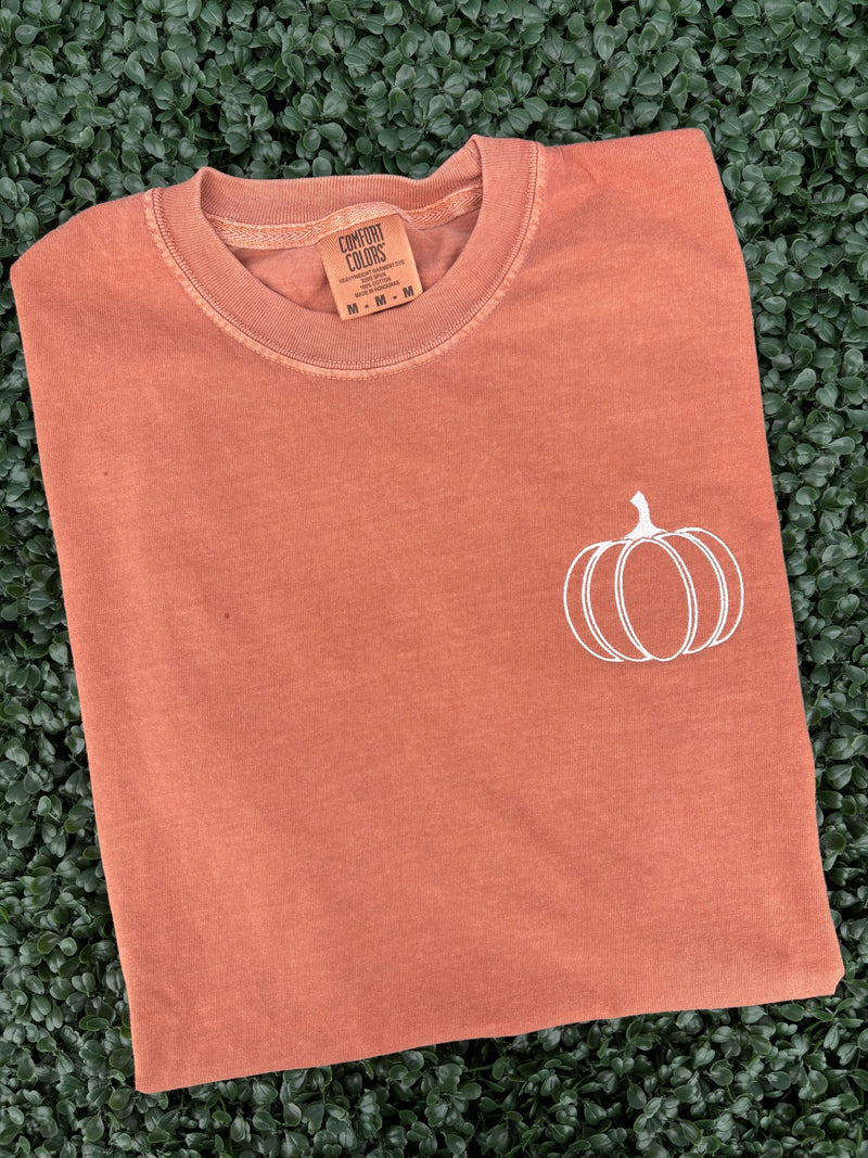 Front view of Thankful Embroidered Tee on Comfort Colors Espresso shirt
