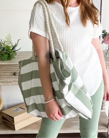 Green Stripped Rope Handle Tote Bag