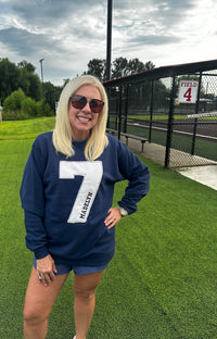 "Custom applique number sweatshirt personalized with name"

"Personalized sports team sweatshirt with number and name"

"Custom applique crewneck for school spirit"

"Personalized number sweatshirt gift"

