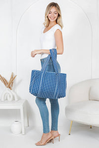 Checkered Quilted Tote Bag - Blue