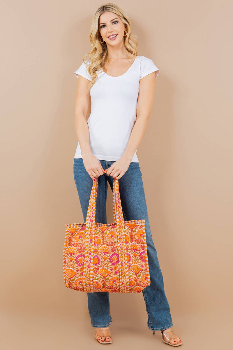 Quilted Tote Bag - Orange and Pink