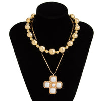 Josslyn Puff Pearl Cross Two Layer Necklace