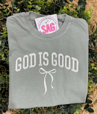 Customizable Coquette God Is Good Embroidered Comfort Color Tee
