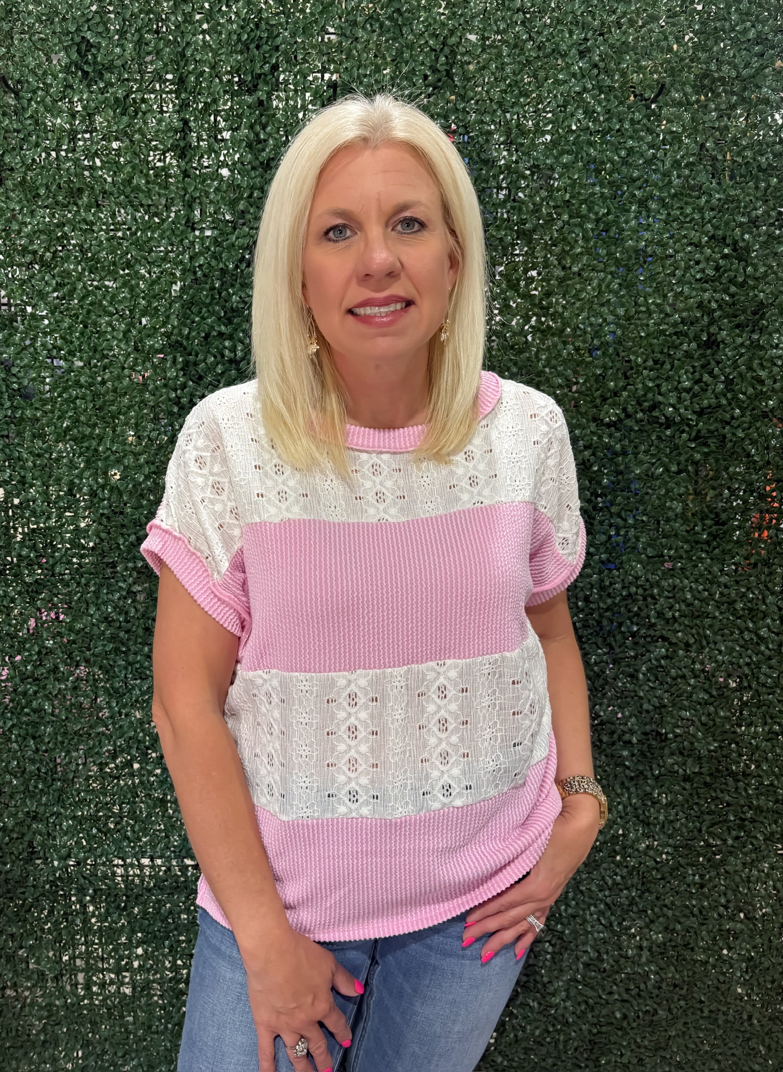 Bubblegum Ribbed Lace Short Sleeve Top