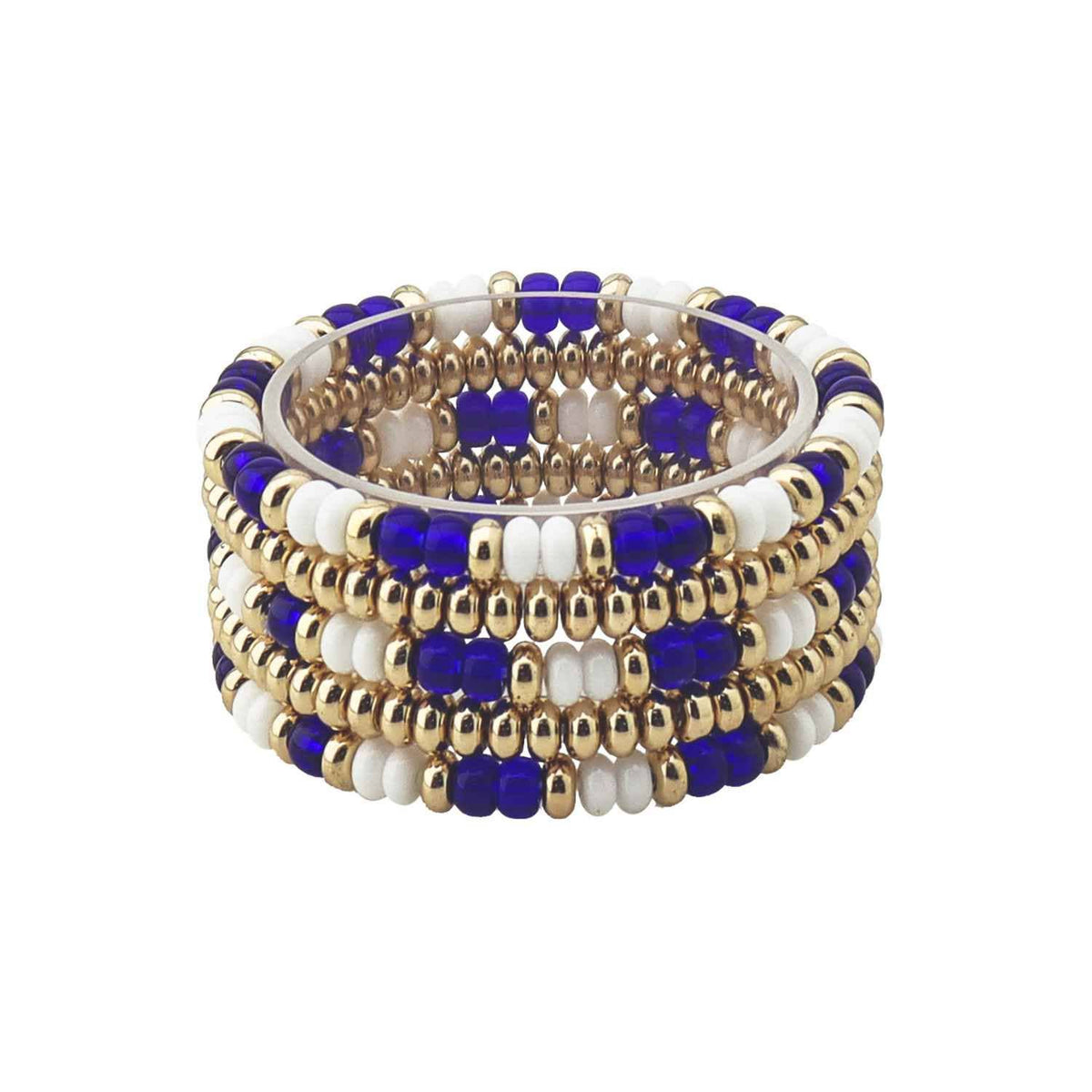 Gameday Blue and White Beaded with Gold Set of 4 Stretch Bracelets