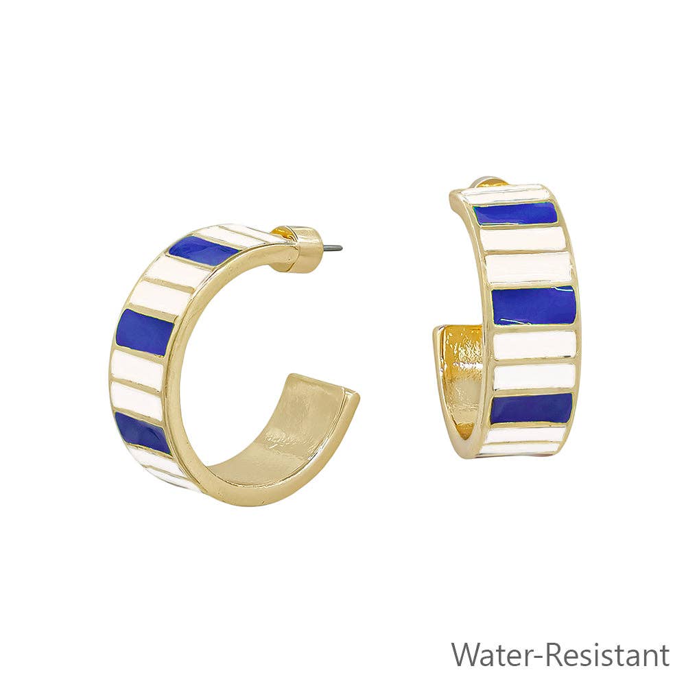 Gameday Blue and White Emanel Striped 1" 10MM Wide Hoop Earring