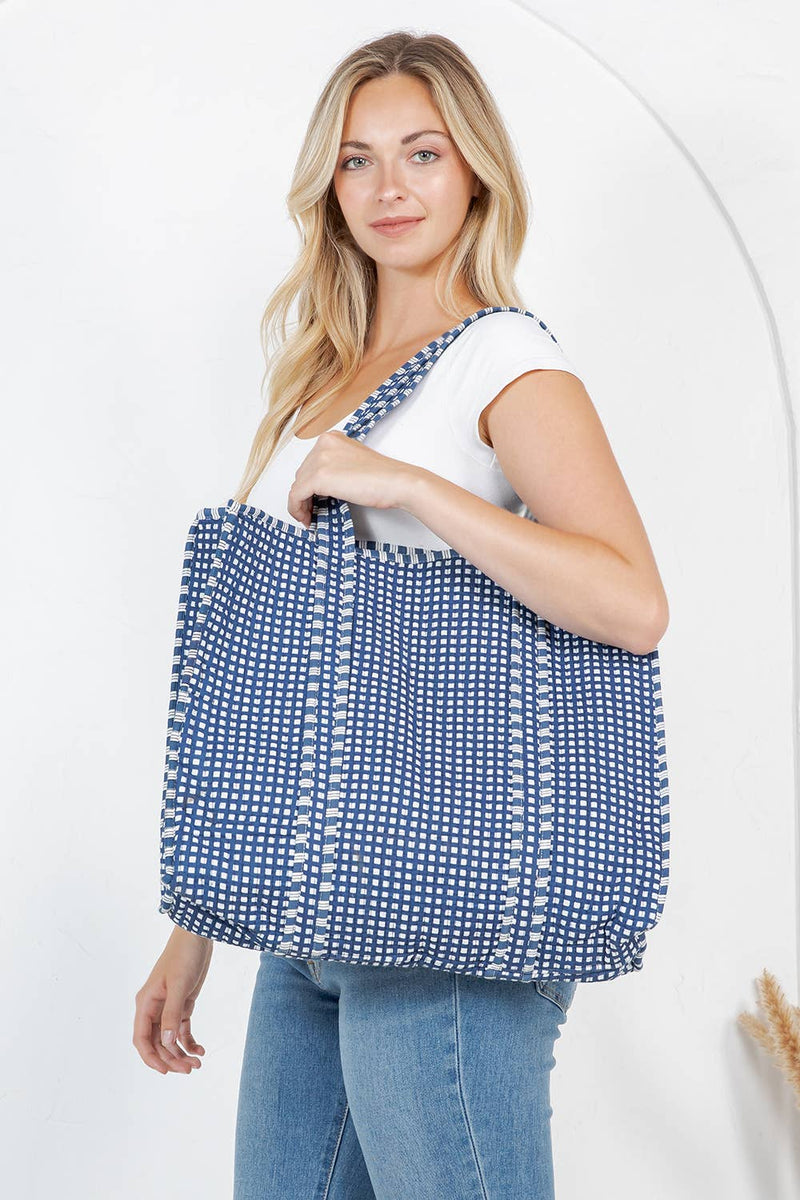 Quilted Reversible Tote - Blue and White Checkered