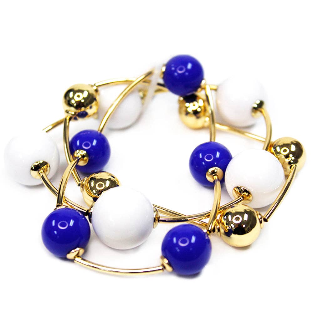 Gameday Blue and White with Gold Ball Set of 2 Stretch Bracelets