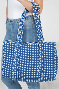 Checkered Quilted Tote Bag - Blue