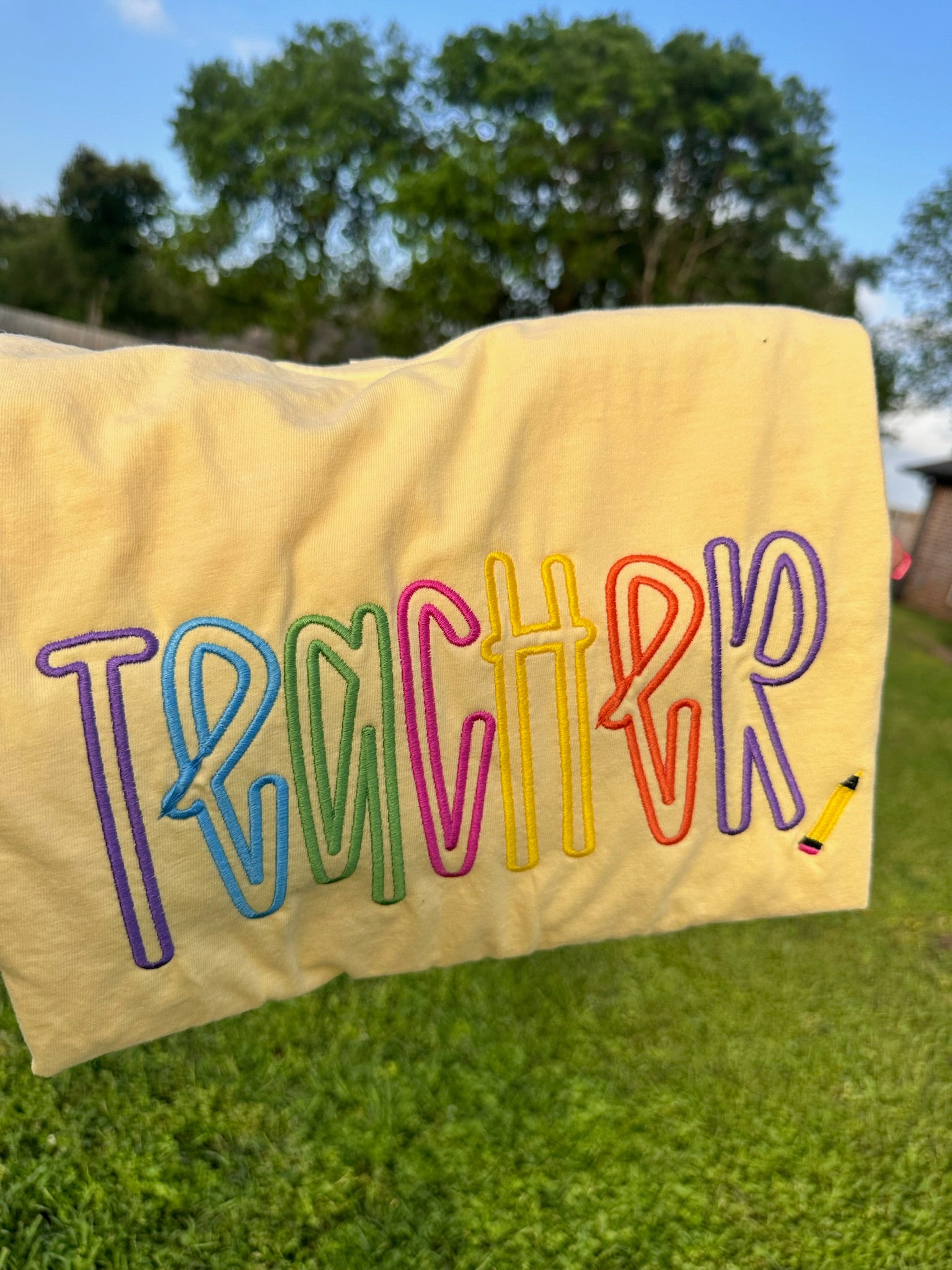 Colorful Teacher Pencil Embroidered Comfort Tee