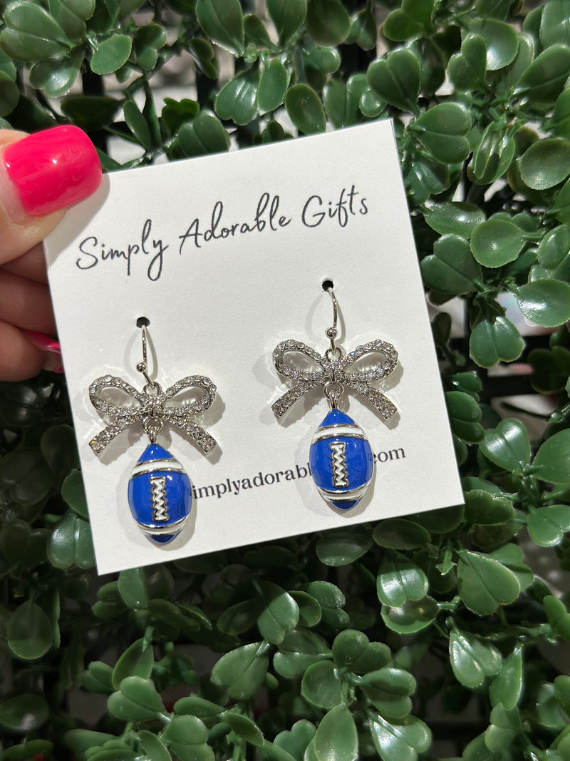 Blue Football Rhinestone Bow Dangle Earring