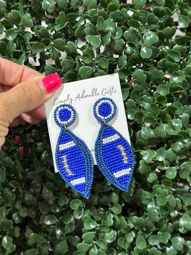 Blue Beaded Football Earrings