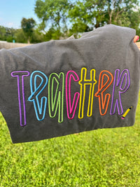 Colorful Teacher Pencil Embroidered Comfort Tee