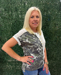 Camo Animal Lace Contrast Button Front Short Sleeve Top