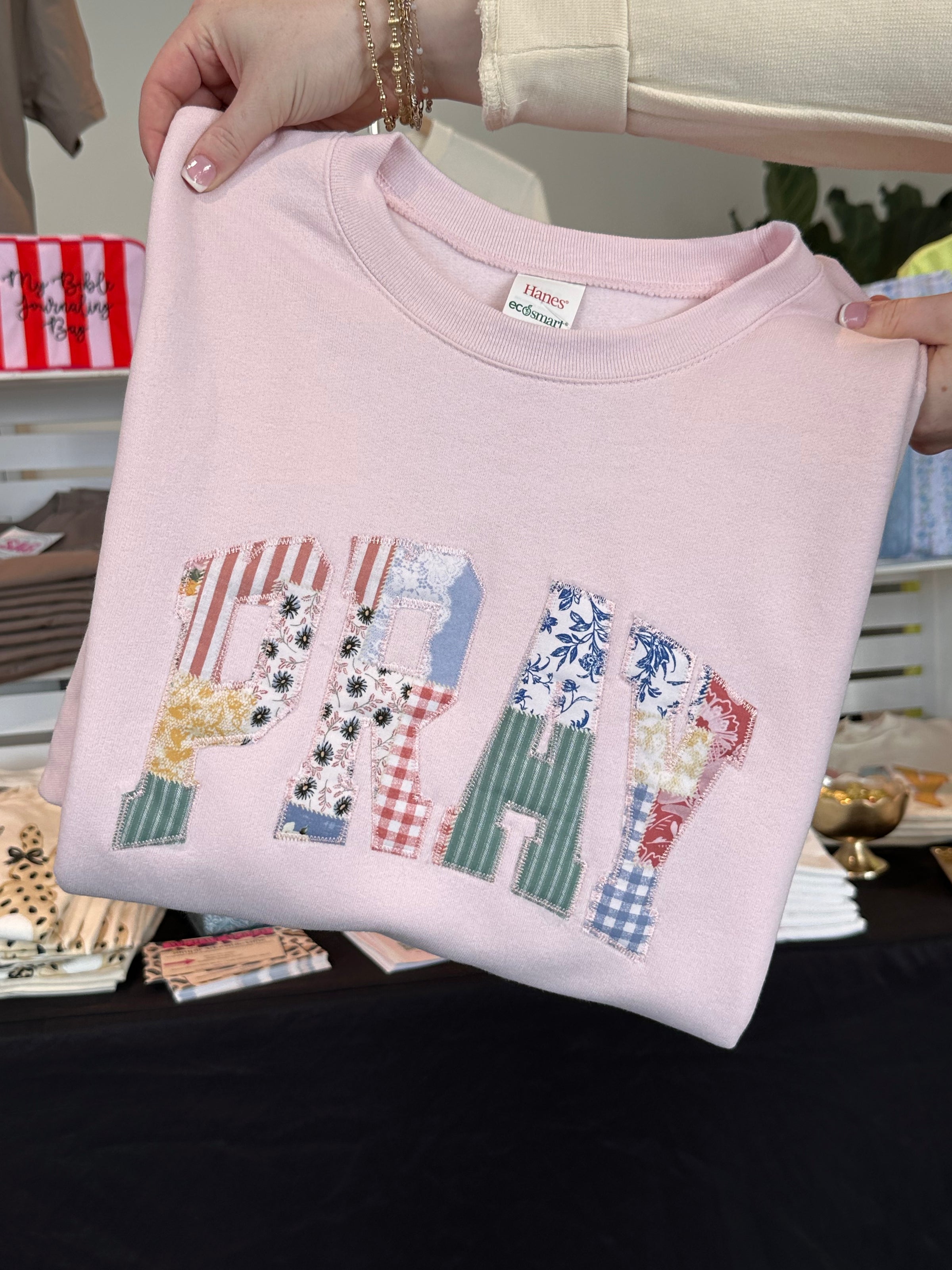 Pray Patchwork Pattern Applique Sweatshirt