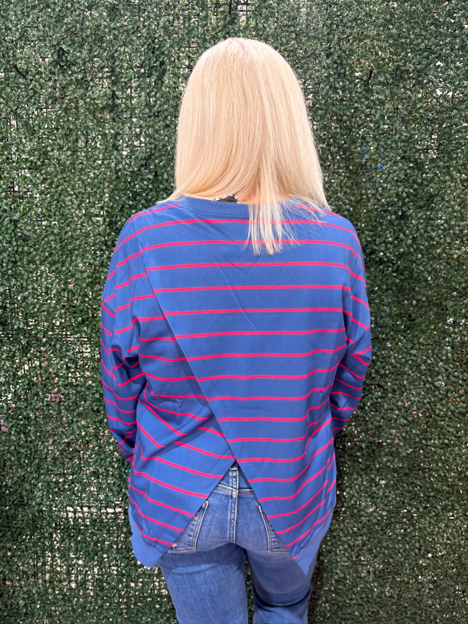 Navy And Red Stripe Split Back Top