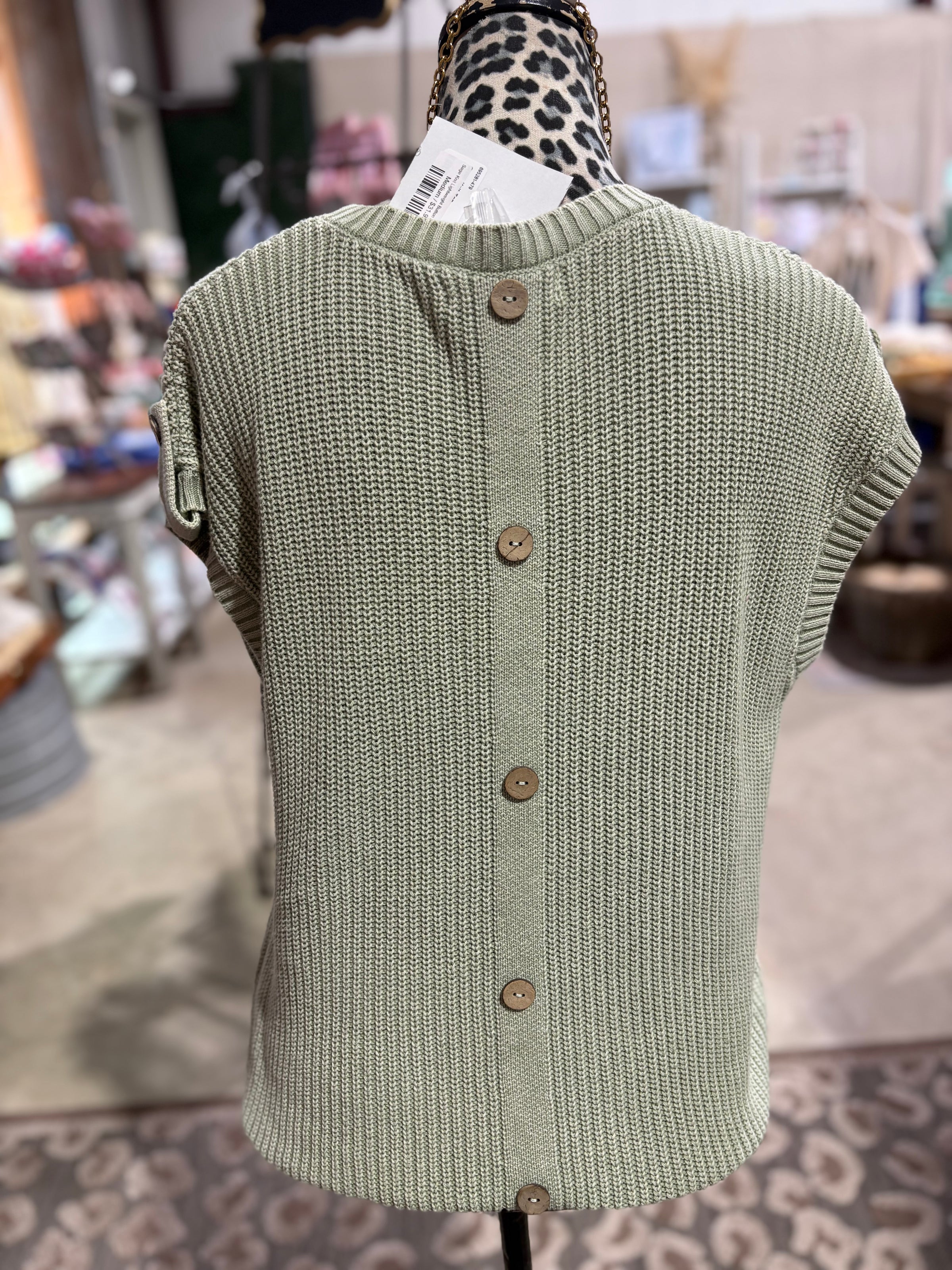 Sage Knit Lightweight Button Sleeve Top