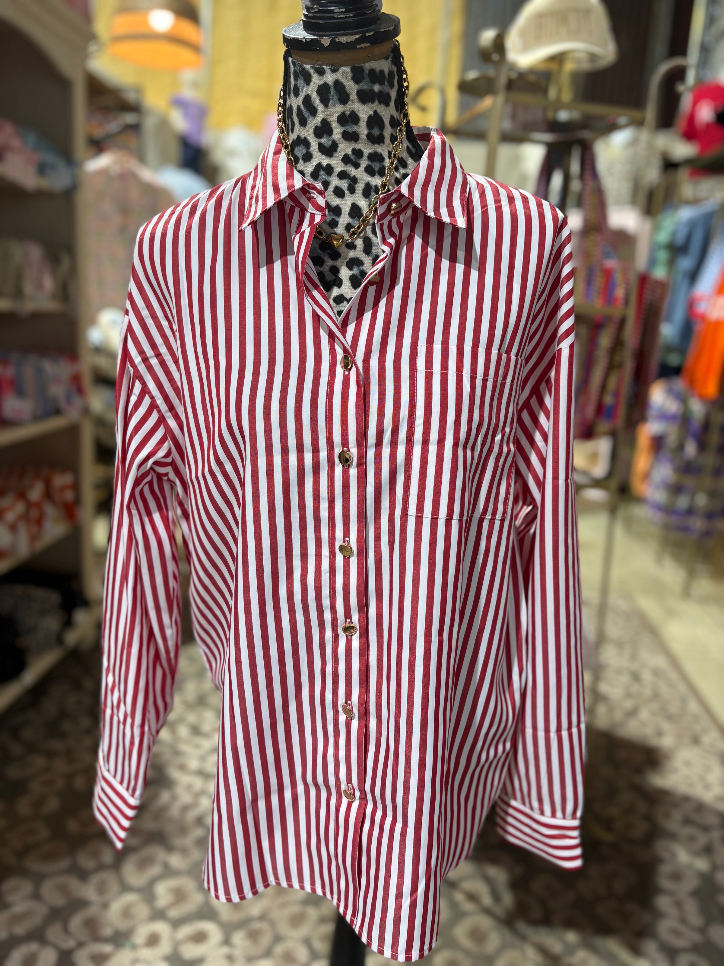 Red Stripe Button Up Top