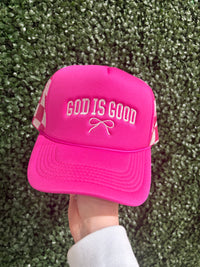 Fuchsia God Is Good Embroidered Checkered Trucker Hat