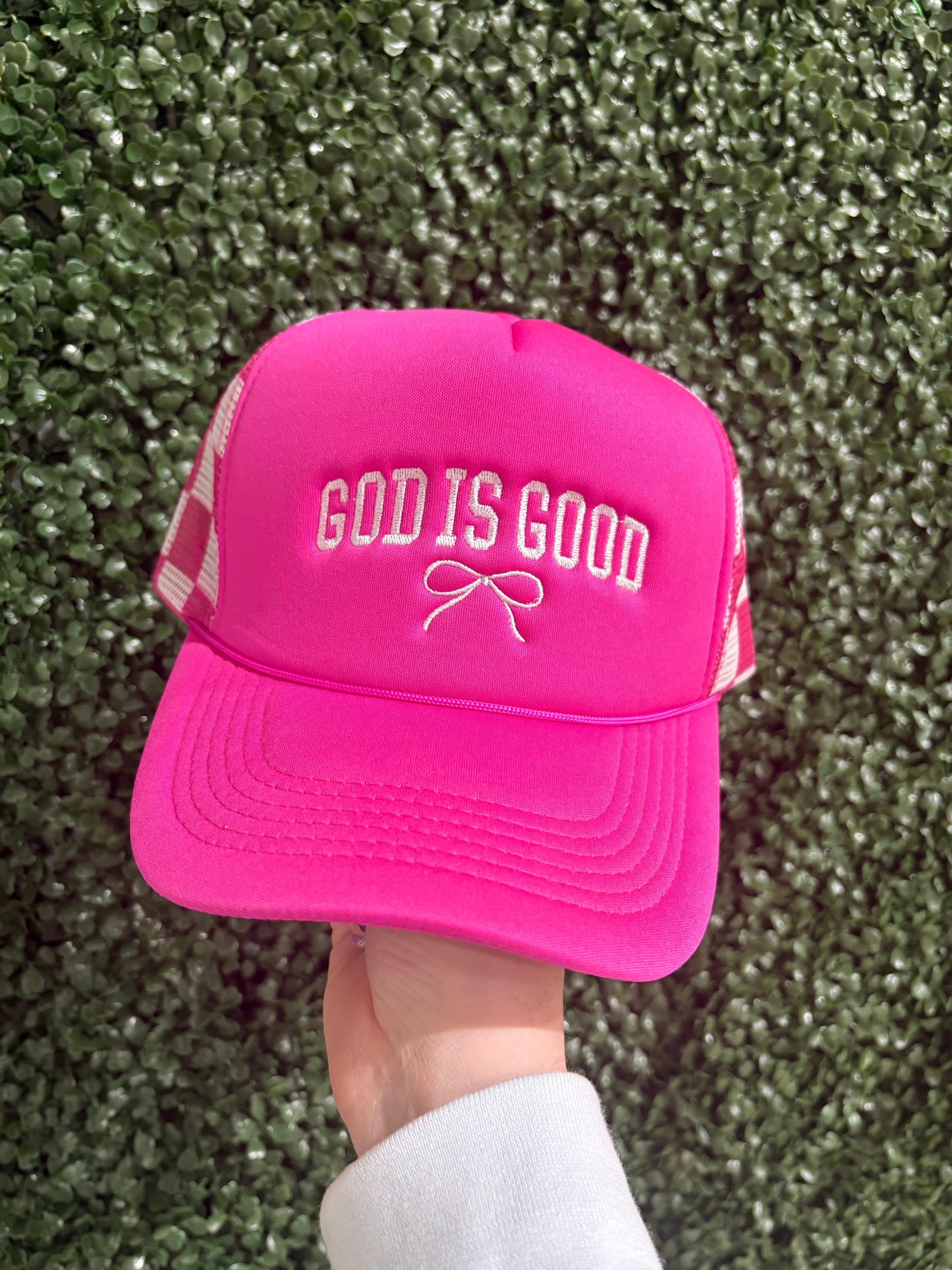 Fuchsia God Is Good Embroidered Checkered Trucker Hat