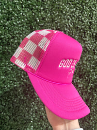 Fuchsia God Is Good Embroidered Checkered Trucker Hat