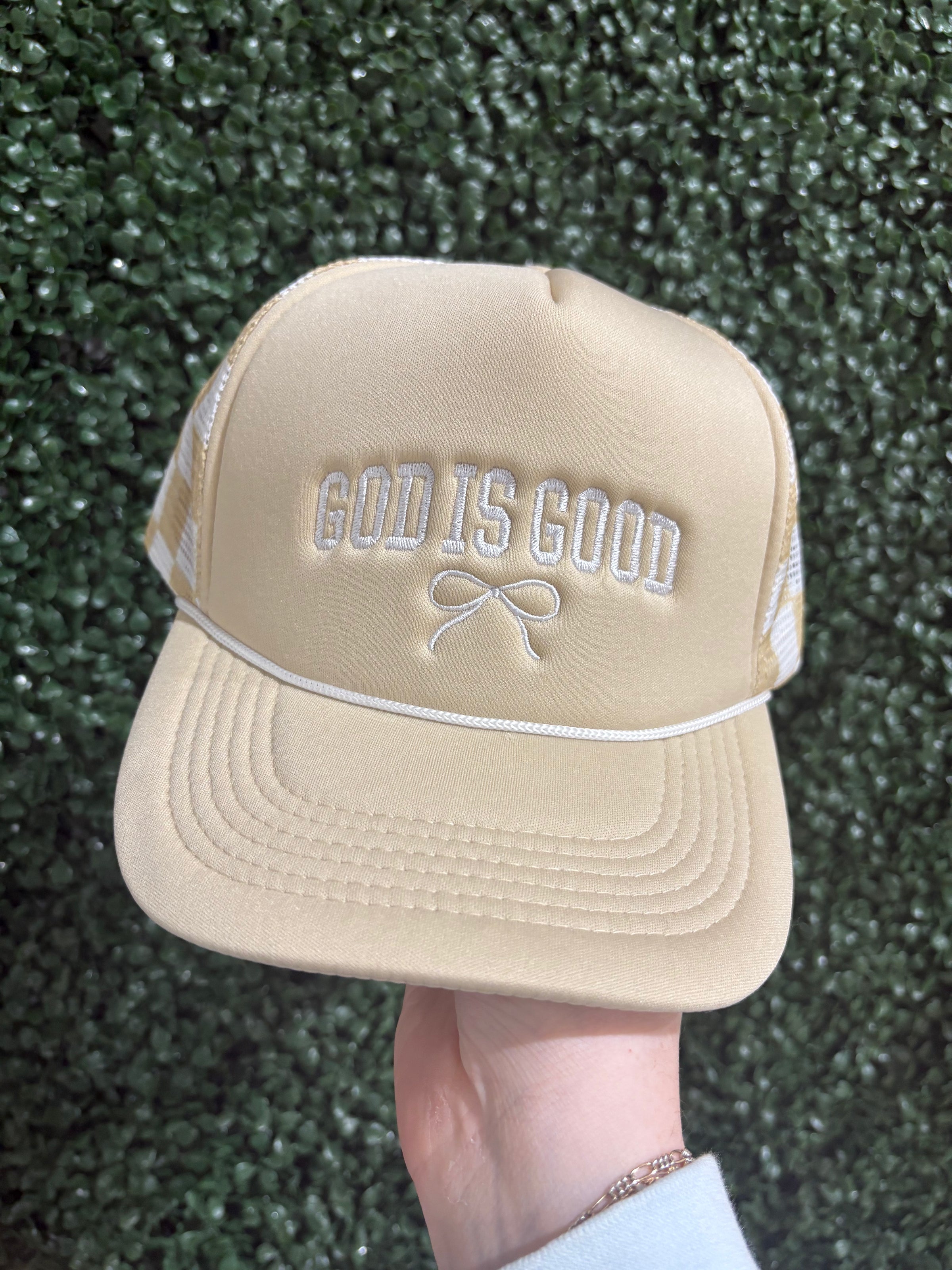 Tan God Is Good Embroidered Checkered Trucker Hat