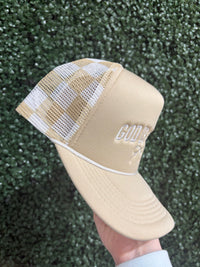 Tan God Is Good Embroidered Checkered Trucker Hat