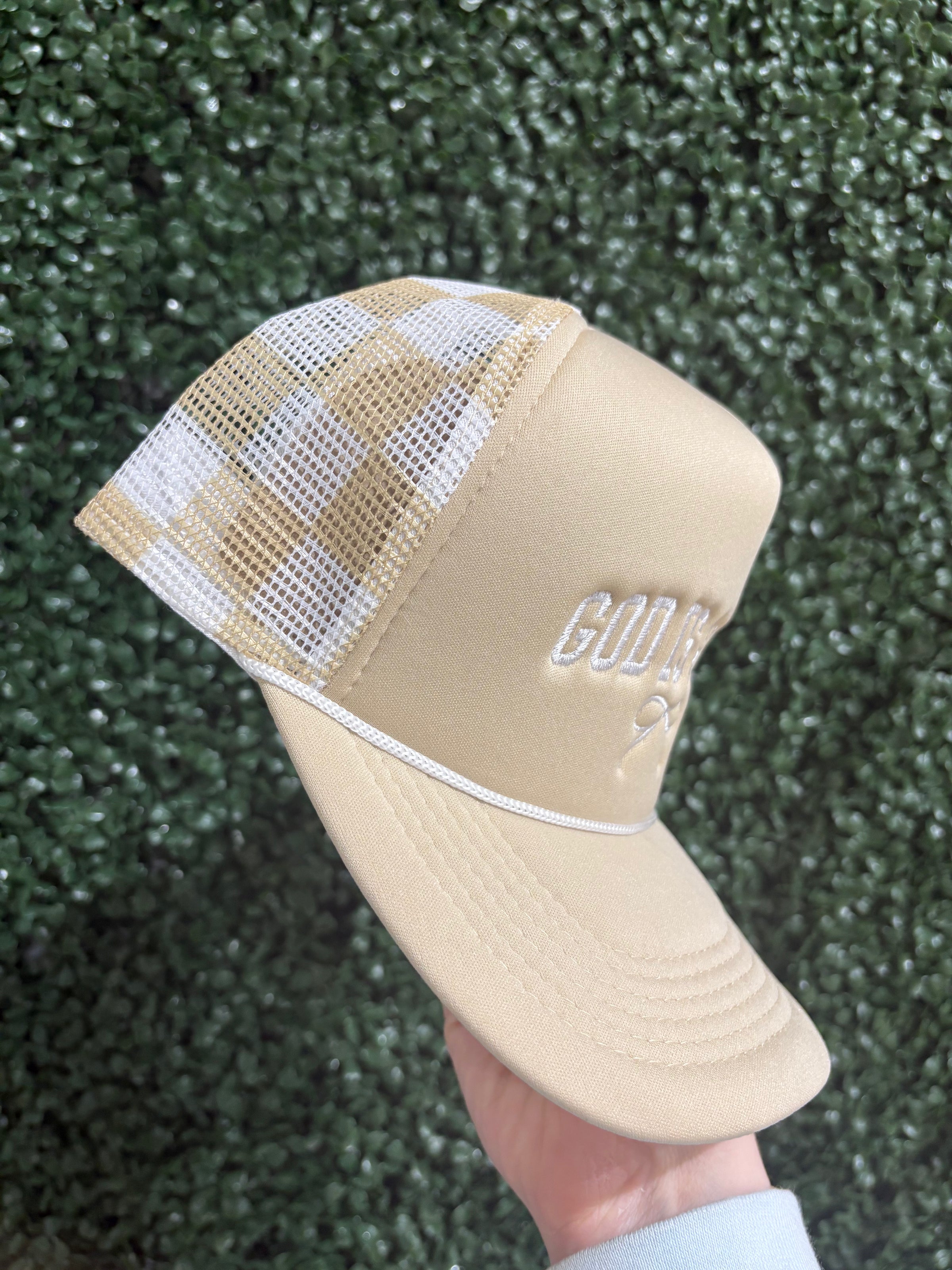 Tan God Is Good Embroidered Checkered Trucker Hat