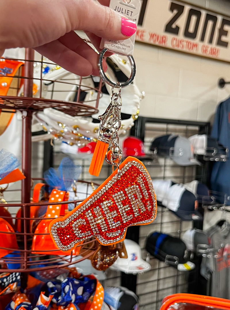 Orange Rhinestone Cheer Megaphone Keychain