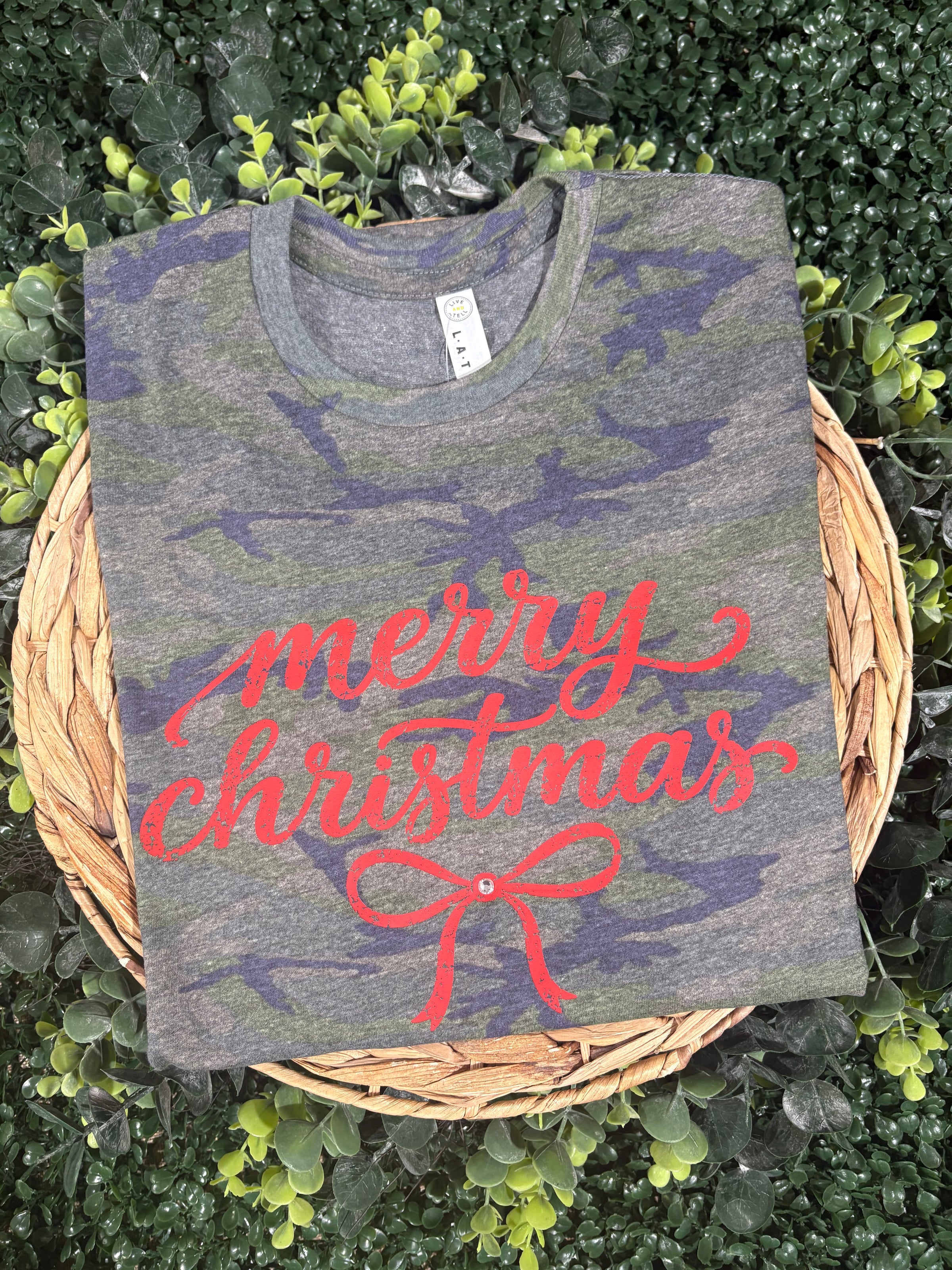 Merry Christmas Rhinestone Bow Camo Tee