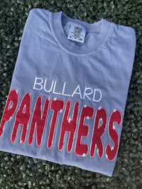 “Embroidered appliqué spirit wear shirt in school colors”