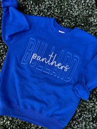 Custom monotone school spirit embroidered sweatshirt with personalized mascot design
